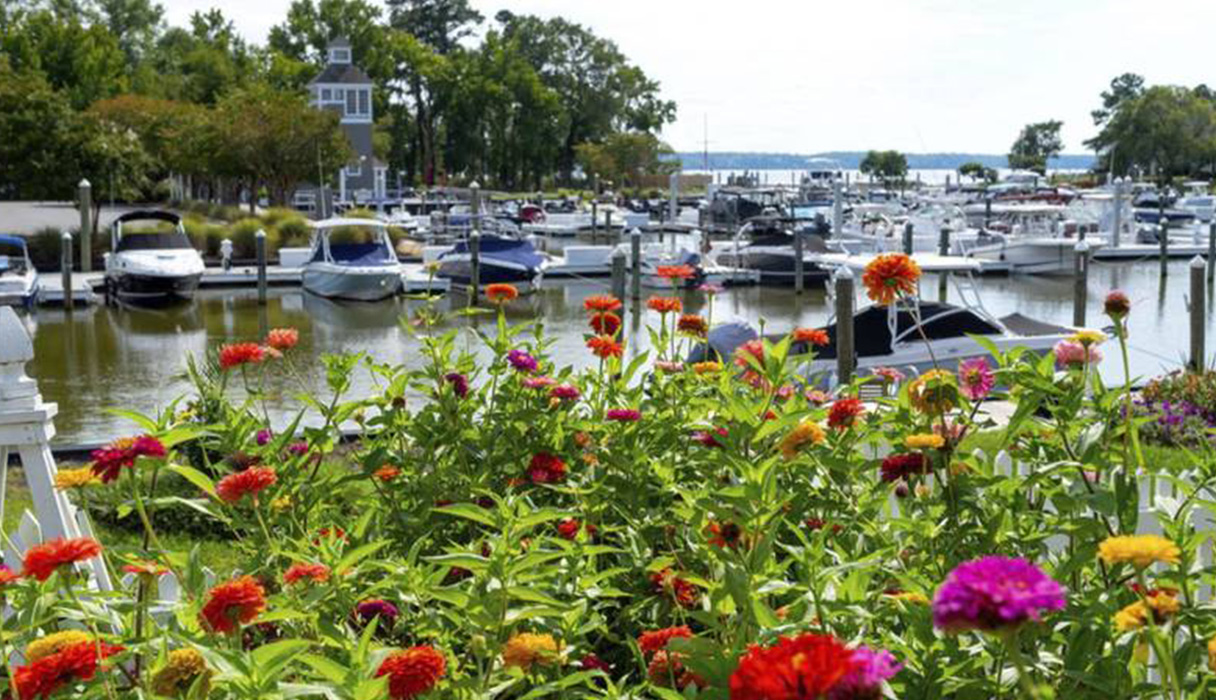 Private Garden overlooking the marina at The Governor’s Land At Two Rivers in Williamsburg VA.